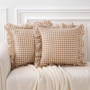 2 Pack Taupe White Plaid Ruffle Gingham Throw Pillow Covers, 100% Washed Cotton